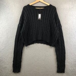 Katie NYC Gabby Junior Black Cable Knit Cropped Long Sleeve Sweater L